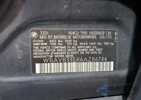 2006 BMW 330 I z USA, uszkodzony, nr VIN WBAVB335X6AZ86744